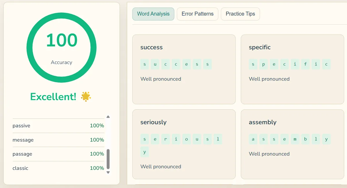 Pronunciation result with 100 per cent accuracy and a card for each word marked well pronounced
