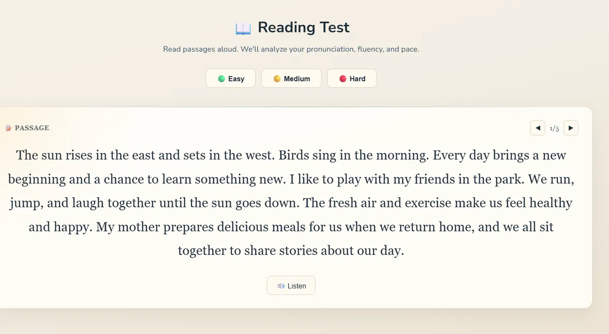 Reading Test screen with Easy, Medium and Hard levels and a passage to read aloud